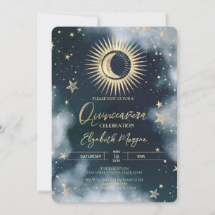 Invitación Sol Dorado, Luna, Estrellas Quinceañera de Noche d