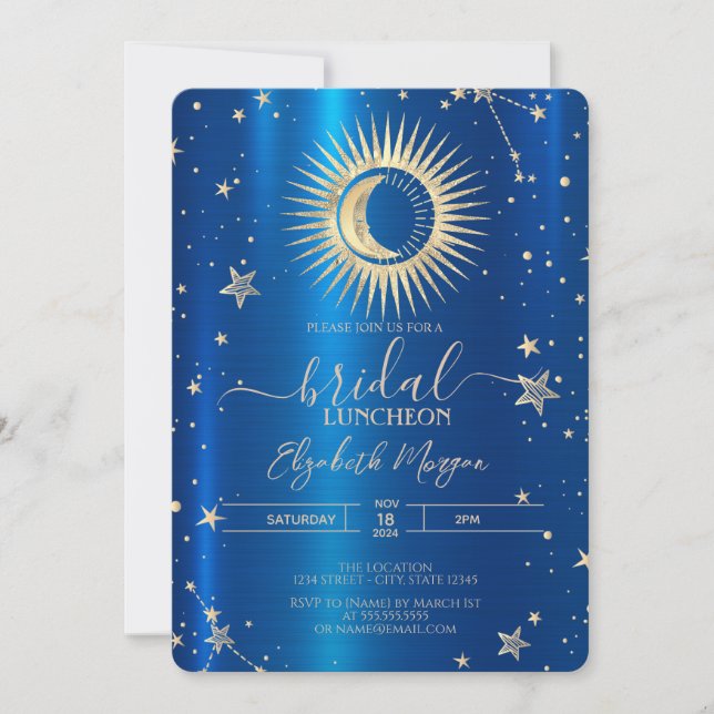 Invitación Sol Dorado Y Estrellas De Luna Azul Luncheon Metál (Anverso)