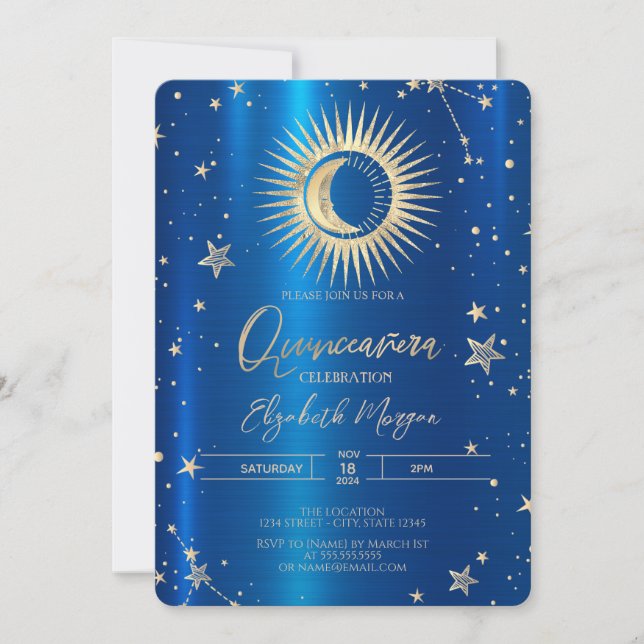 Invitación Sol Dorado Y Estrellas De Luna Azul Quinceanera Me (Anverso)