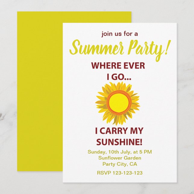 Invitación Sol Girasol Luz del Sol Fiesta de Verano (Anverso / Reverso)