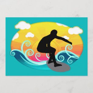 Invitación Sol gráfico, océano y surfer
