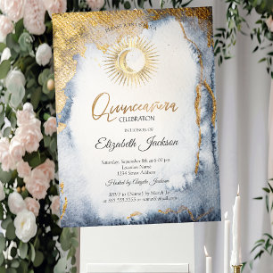 Invitación Sol,Luna,Estrellas Acuarela Dorado Quinceañera