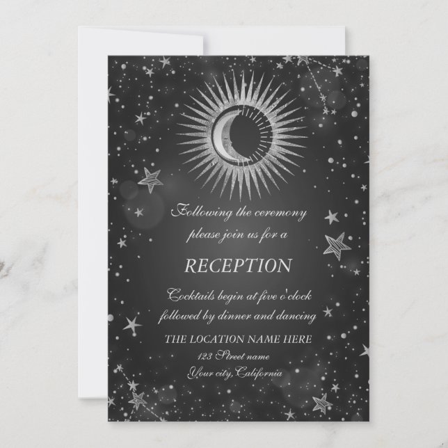 Invitación Sol plateado celeste, luna, estrellas oscuro (Anverso)