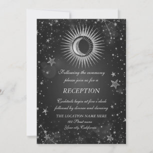 Invitación Sol plateado celestial, luna, estrellas oscuro