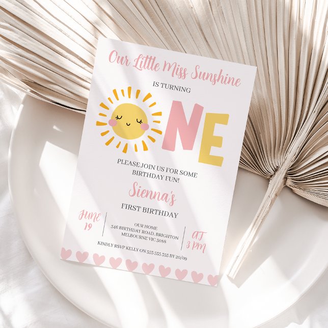 Invitación Sol rosa moderno Pequeña Miss Sunshine Primer cump (Little Sunshine First Birthday  Invitation Template, Little Miss Sunshine 1st Birthday Invitation)