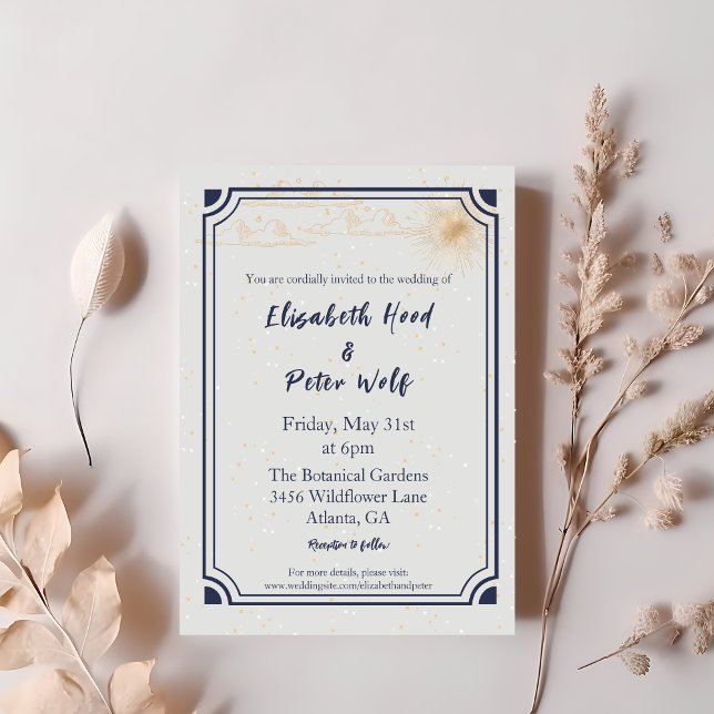 Invitación Sol y estrellas celestes en Boda de oro y ciruela  (Subido por el creador)