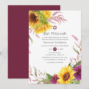 Invitación Sol y Flor de Ciruela de Borgoña Bat Mitzvah