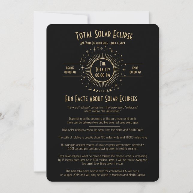 Invitación Solar Eclipse Celestial Stars Black Fun Facts Card (Anverso)