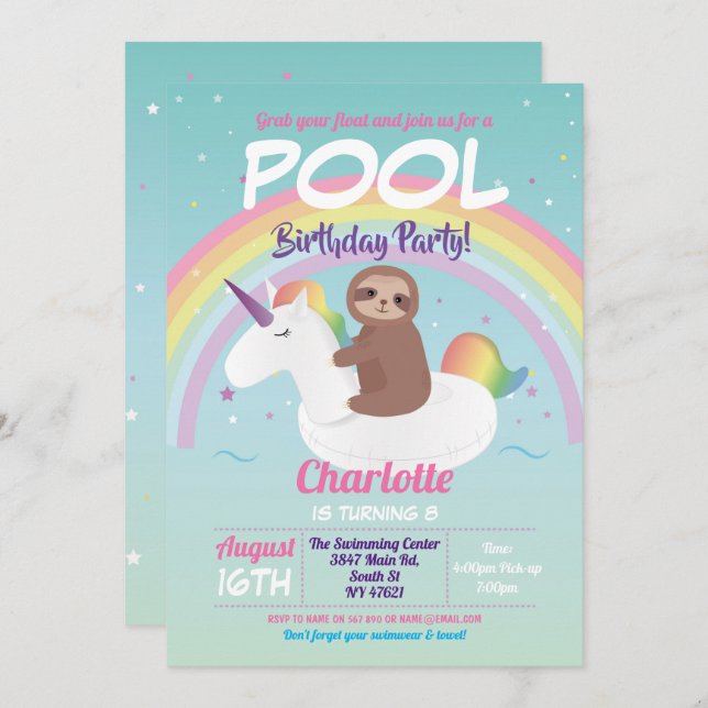 Invitación Solar unicornio de cumpleaños Fiesta de una piscin (Anverso / Reverso)