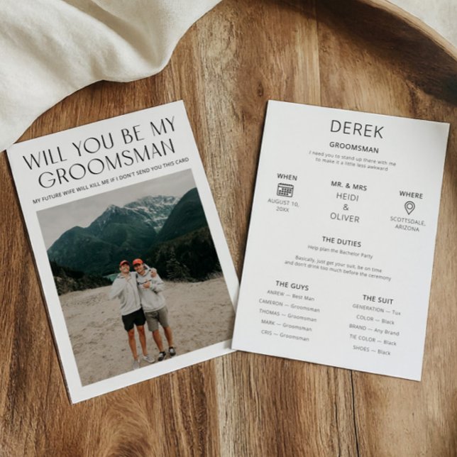 Invitación Solicitud de información de Groomsman de una propu (Minimal Photo Proposal Request Groomsman Info Card)