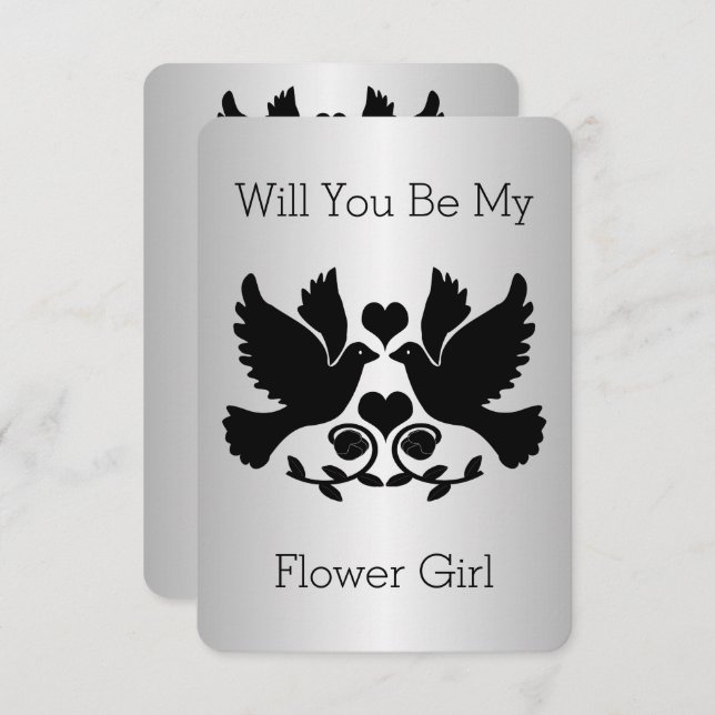 Invitación Solicitud de niña con flores negra y plateada de D (Anverso / Reverso)
