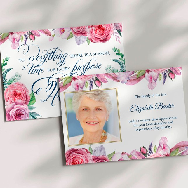 Invitación Solidaridad Pink Floral Foto Funeral Gracias Tarje (There Is A Season Pink Floral Condolence Sympathy Bereavement Funeral Thank You Card)