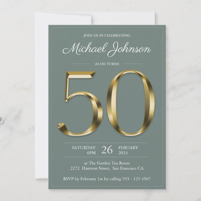 Invitación Sólido Oro 50.º cumpleaños Sage Green Fiesta (Anverso)