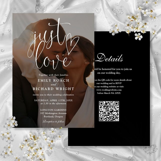 Invitación Solo ama el código QR de la escritura moderna Foto (Just Love Modern Script QR Code Photo Wedding Invitation)