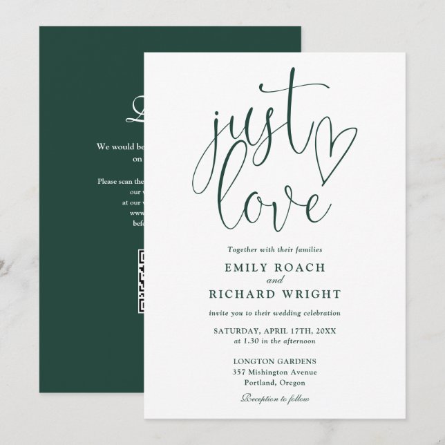 Invitación Solo ama el código QR moderno verde esmeralda boda (Anverso / Reverso)