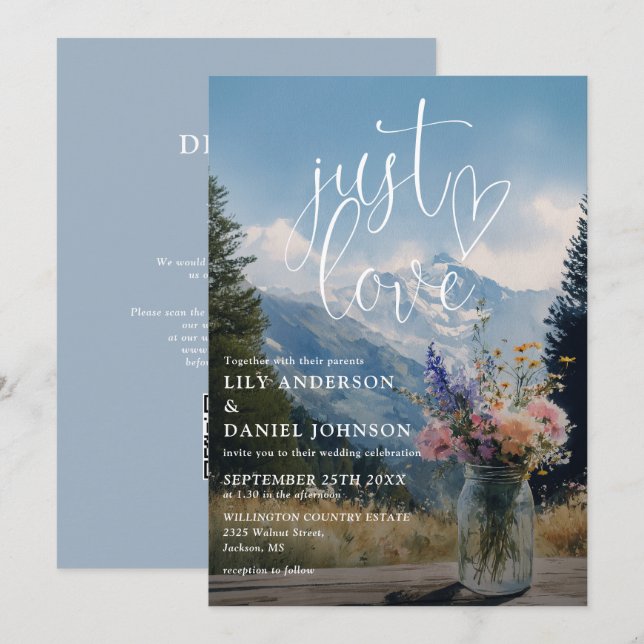 Invitación Solo Ama Montaña Rústico Floral Código QR Boda (Anverso / Reverso)
