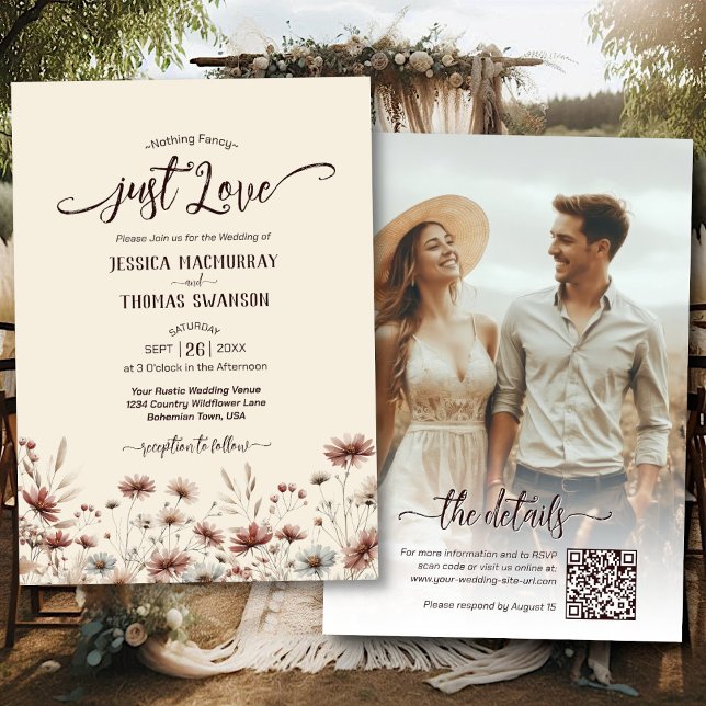 Invitación ¡Solo Amor! Código QR de Foto de Flores Silvestres (Front/Back)