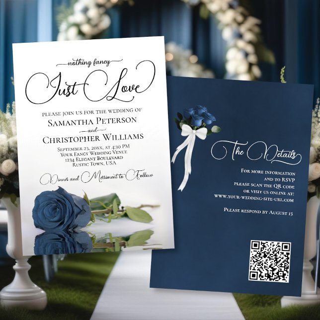 Invitación Solo amor elegante acero azul Rosa QR Boda de códi (Front/Back)