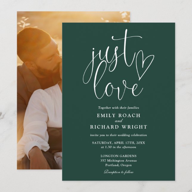 Invitación Sólo amor elegante foto de Boda verde esmeralda (Anverso / Reverso)