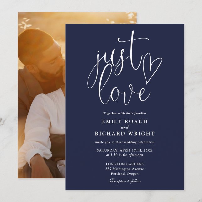 Invitación Sólo amor elegante guión foto Boda azul de la Mari (Anverso / Reverso)