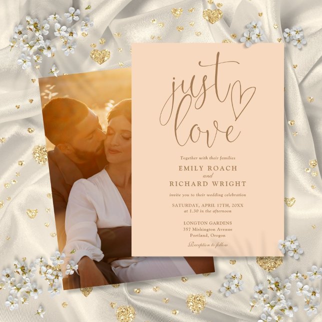 Invitación Solo amor elegante guión foto Boda suave de pintur (Just Love Elegant Script Photo Soft Peach Wedding Invitation)