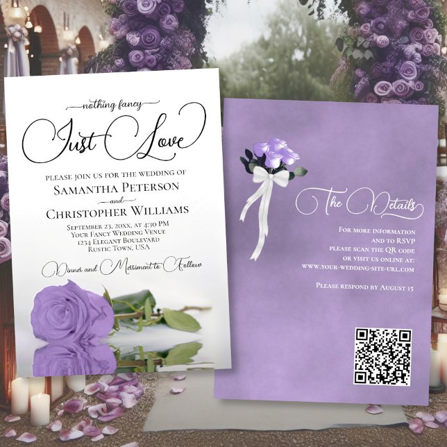 Invitación Sólo amor elegante Lavanda Rosa QR Boda de código (Front/Back)