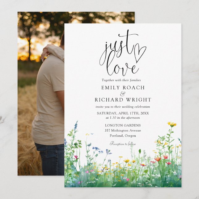 Invitación Solo Amor Script Flores Silvestres Foto Floral Bod (Anverso / Reverso)