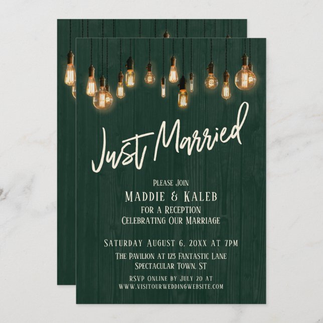 Invitación Solo casada con luz verde oscura de madera Edison (Anverso / Reverso)