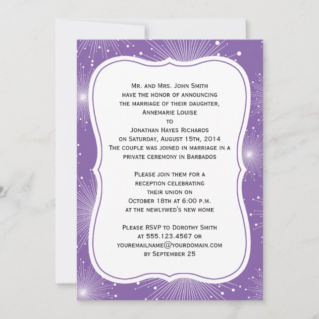 Invitación Solo la recepción de Sunbusts púrpura y blanco (Anverso)