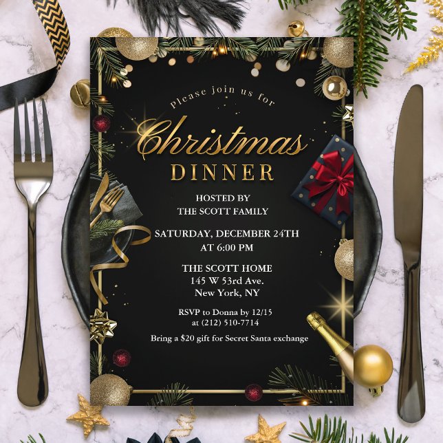 Invitación solo para cena de Navidad negra y dorad (Subido por el creador)