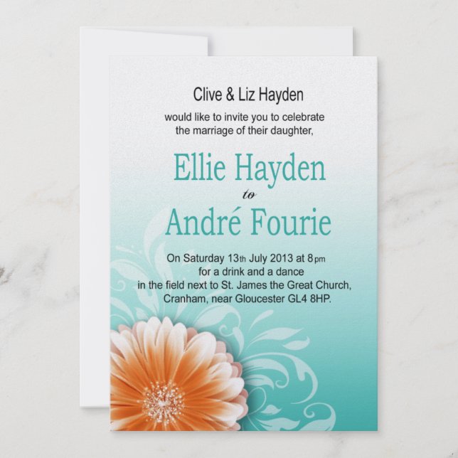 Invitación Sólo por la noche Gerbera Daisy Naranja Aqua (Anverso)