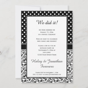 Invitación Solo puntos de polka blanco negro sobre la recepci