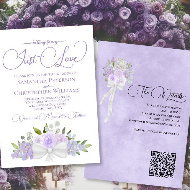 Invitación Sólo quiero a Lavender Boho Floral QR Boda de códi (Front/Back)