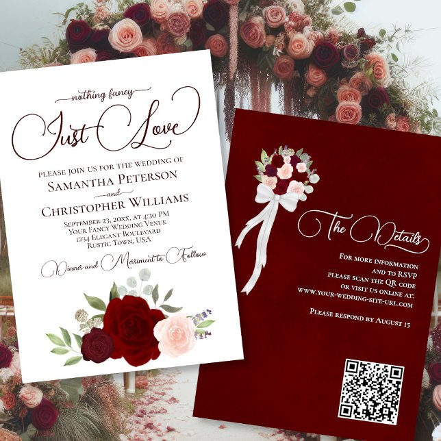 Invitación Solo quiero rosas rojas y rosas rosadas Boho QR Co (Front/Back)