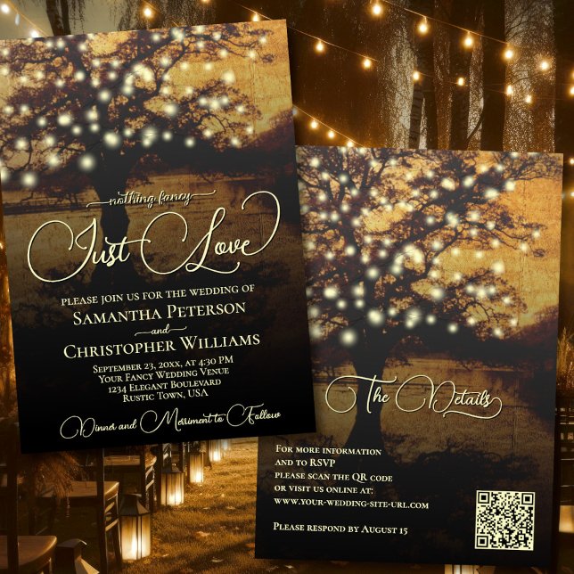 Invitación Sólo quiero un árbol rústico y luces Boda de códig (Front/Back)