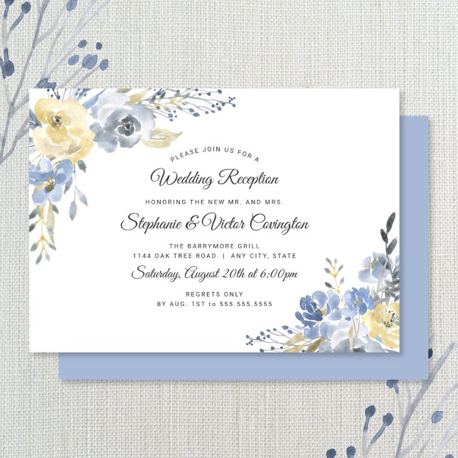 Invitación Solo recepción de bodas con flores y azul turbio (Subido por el creador)