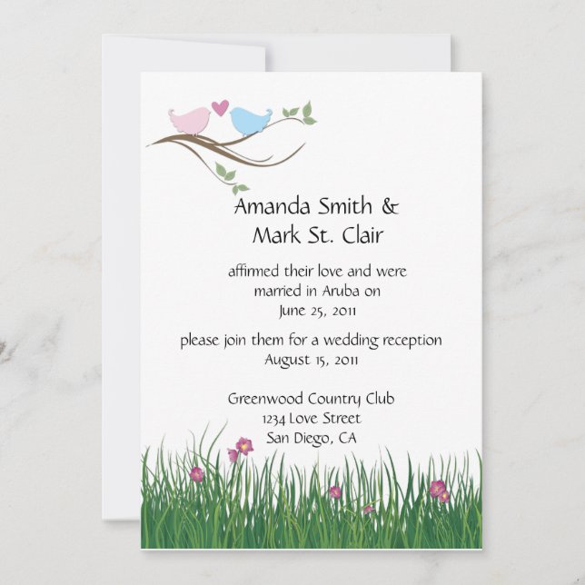 Invitación Solo recepción de bodas de aves amorosas rosas y a (Anverso)