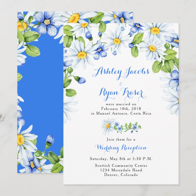 Invitación Solo recepción de casamiento con marea blanca azul (Anverso / Reverso)