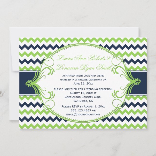 Invitación Solo recepción de Chevron verde Kelly azul marina (Anverso)