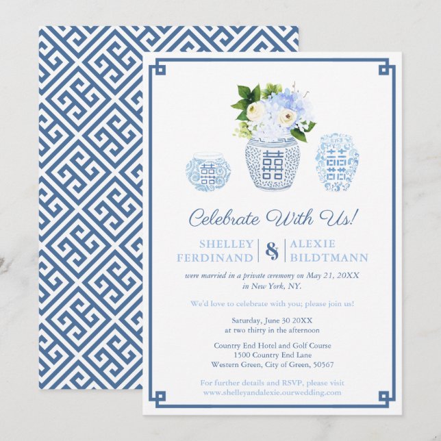 Invitación Solo Recepción De Ginger Jar, Boda Azul Y Blanco (Anverso / Reverso)