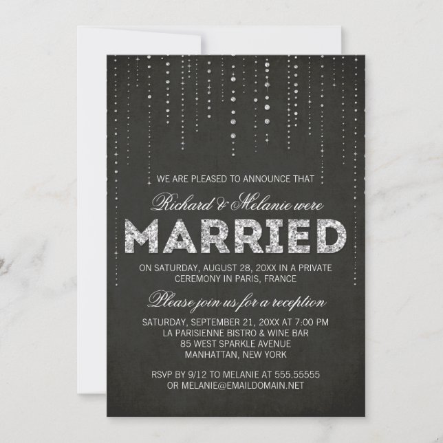 Invitación Solo recepción de Purpurina negro y plateado (Anverso)