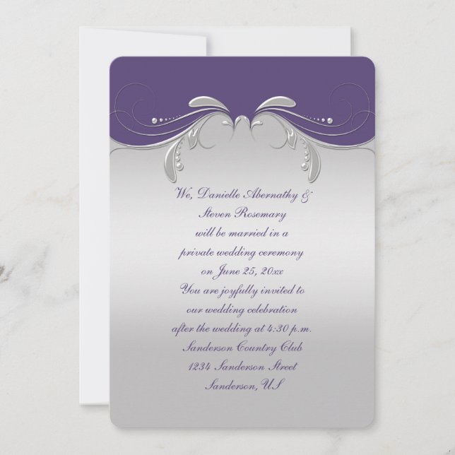 Invitación Sólo Recepción De Swirls De Plata Púrpura Polvorie (Anverso)