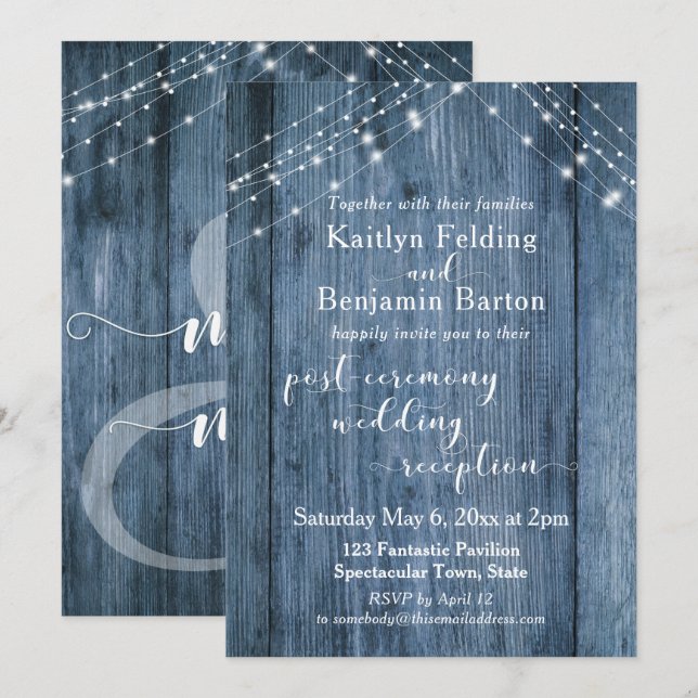 Invitación Solo recepción después de la boda, azul y luces ru (Anverso / Reverso)