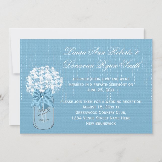 Invitación Sólo recepción floral azul y blanca de Mason Jar (Anverso)