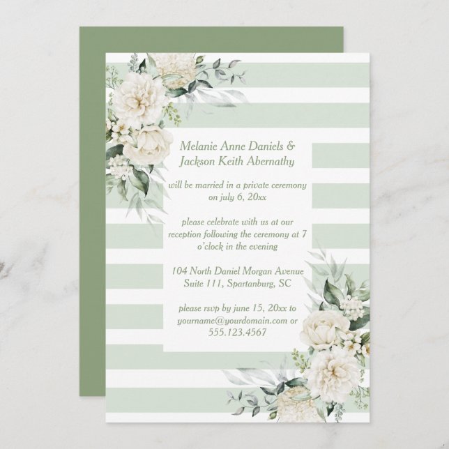 Invitación Solo recepción floral blanca con franjas verdes pá (Anverso / Reverso)