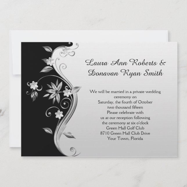 Invitación Sólo recepción floral Ornate Black and Silver (Anverso)