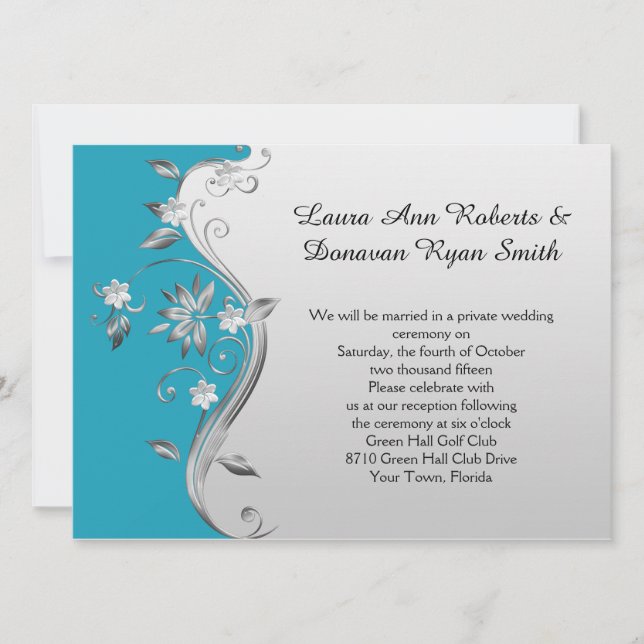 Invitación Solo recepción floral Verde azulada azul y platead (Anverso)