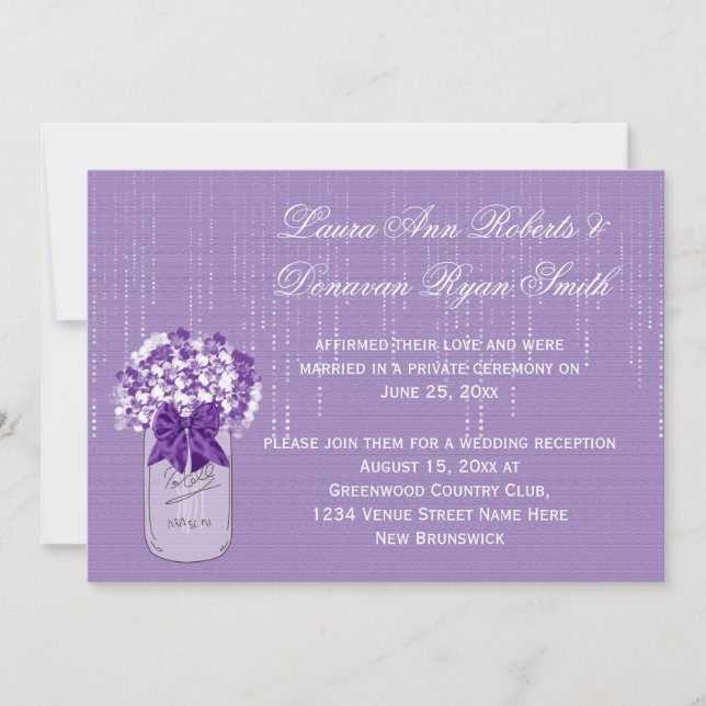 Invitación Sólo recepción Mason Jar Purple y Floral Blanca (Anverso)