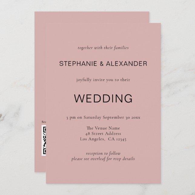 Invitación Sólo texto simple Código QR Boda rosa polvoriento (Anverso / Reverso)