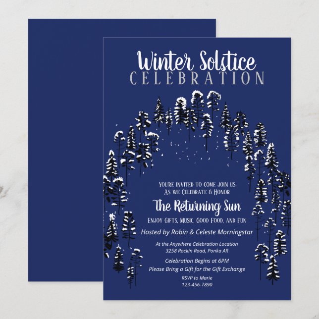 Invitación Solsticio de invierno azul oscuro Yule Fiesta fore (Anverso / Reverso)